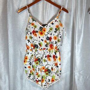 Spicy Girl Floral Romper White Butterfly Pom Pom Trim Summer Beach Size S